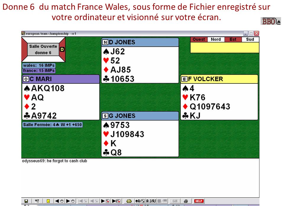 Donne 6 du match France Wales, sous forme de Fichier enregistré sur votre ordinateur et visionné sur votre écran.