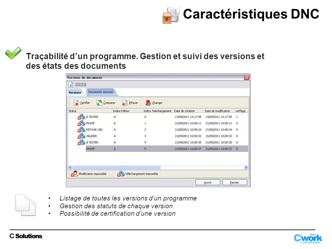 Caractéristiques DNC Traçabilité d’un programme. Gestion et suivi des versions et. des états des documents.