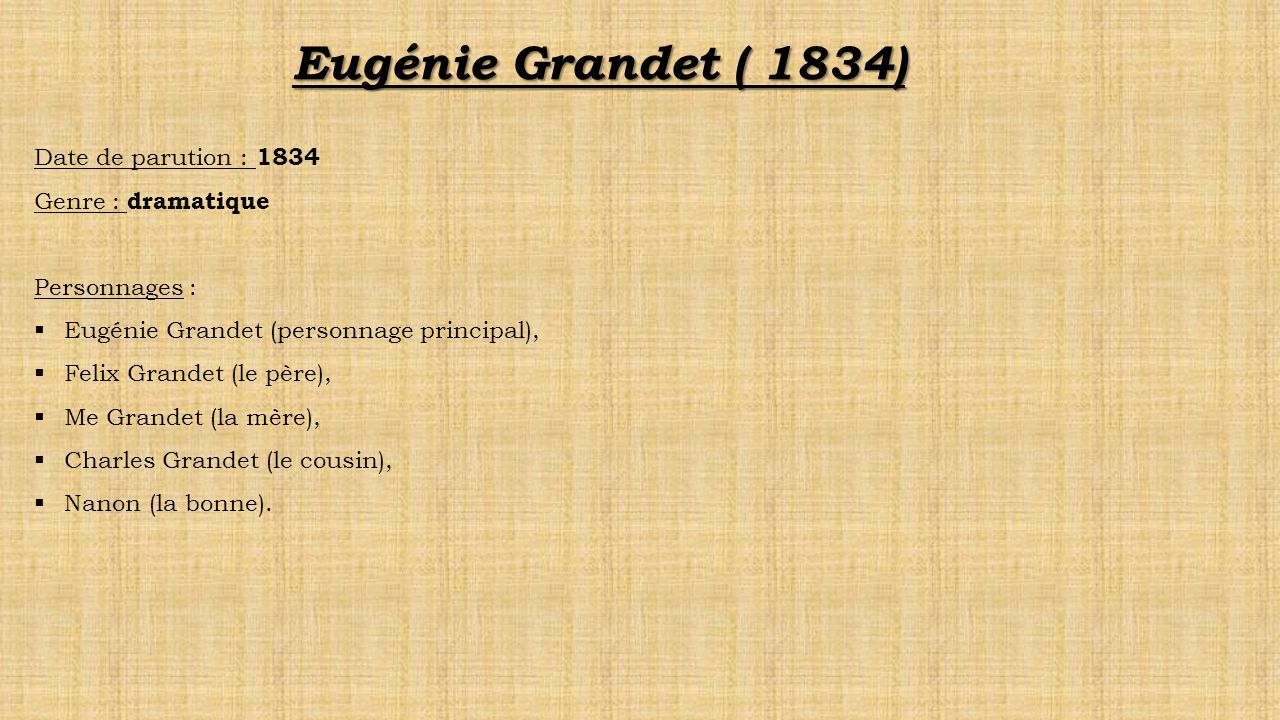 Eugénie Grandet ( 1834) Date de parution : 1834 Genre : dramatique