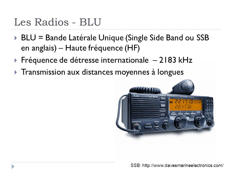 Les Radios - BLU BLU = Bande Latérale Unique (Single Side Band ou SSB en anglais) – Haute fréquence (HF)