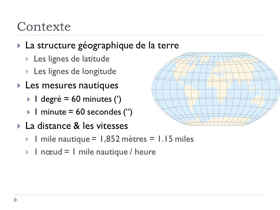 Contexte La structure géographique de la terre Les mesures nautiques