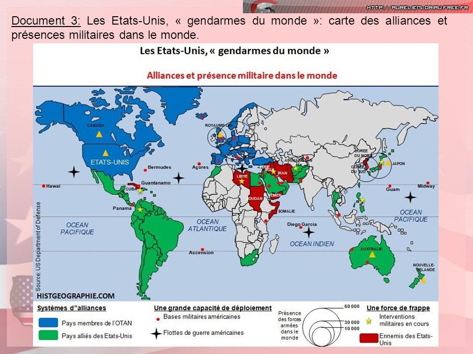 Document 3: Les Etats-Unis, « gendarmes du monde »: carte des alliances et présences militaires dans le monde.
