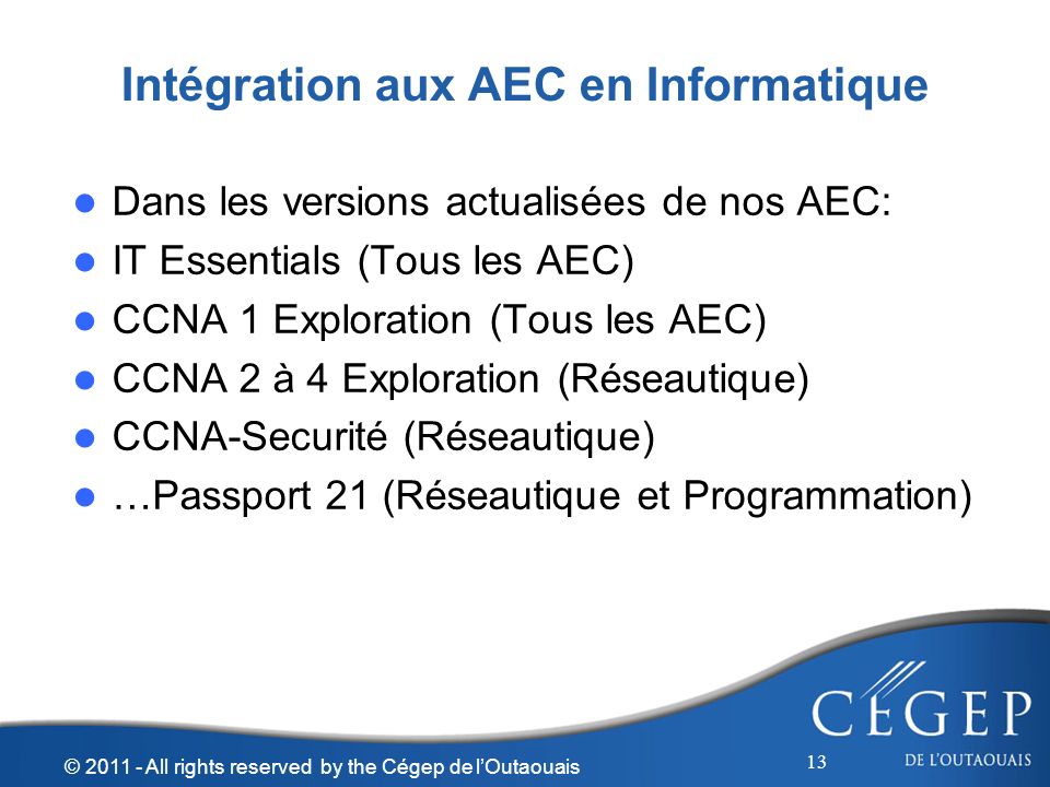 Intégration aux AEC en Informatique