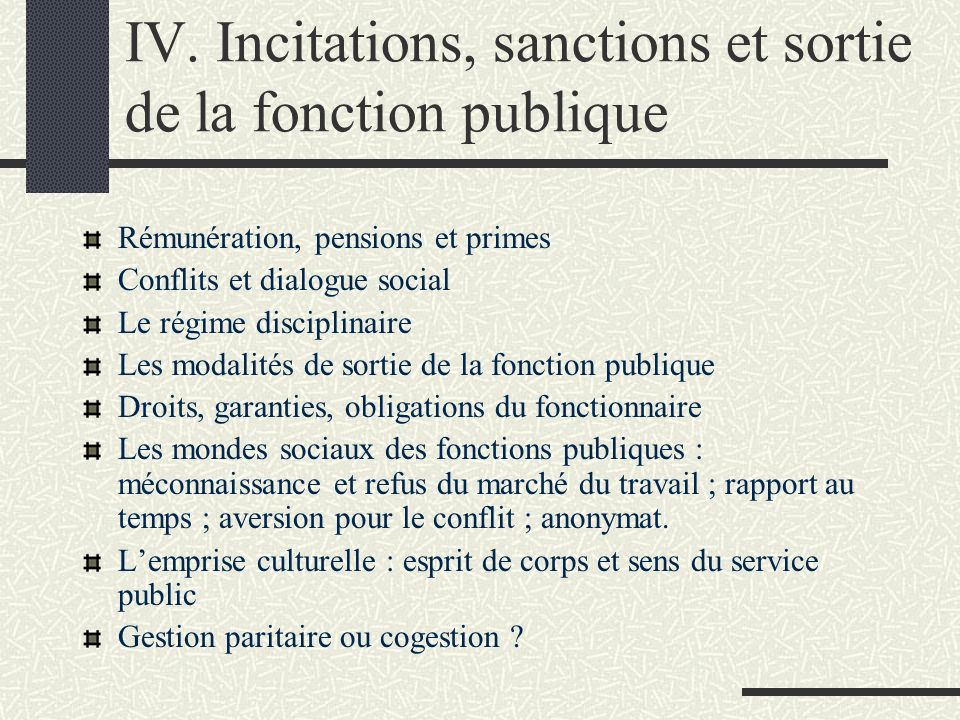 IV. Incitations, sanctions et sortie de la fonction publique