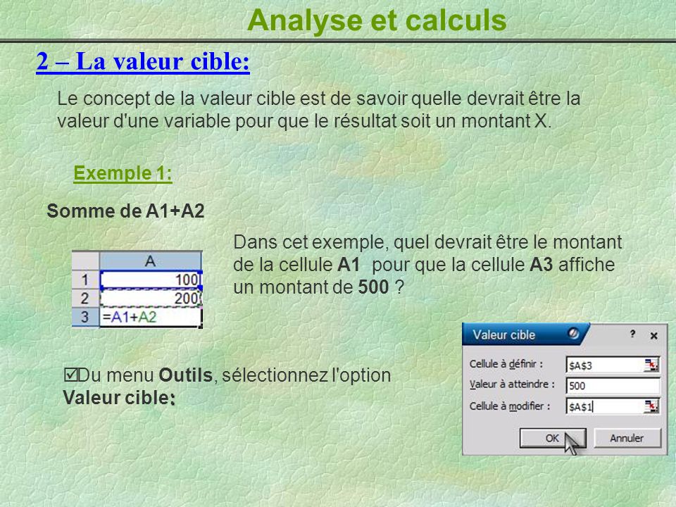 Analyse et calculs 2 – La valeur cible: