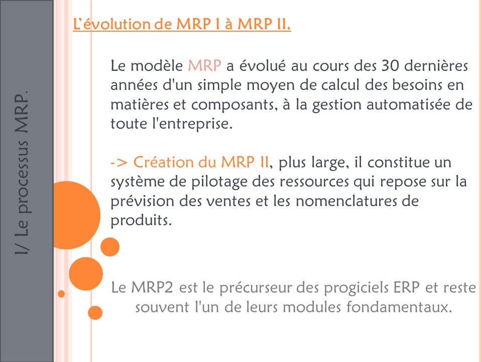 I/ Le processus MRP. L’évolution de MRP I à MRP II.