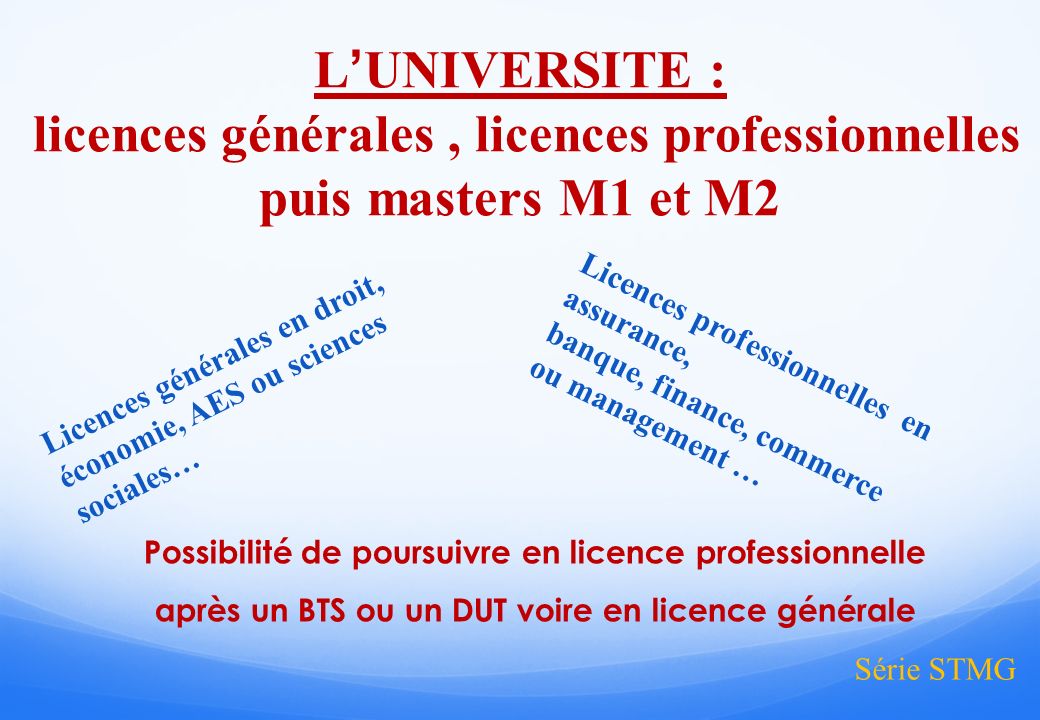 licences générales , licences professionnelles puis masters M1 et M2