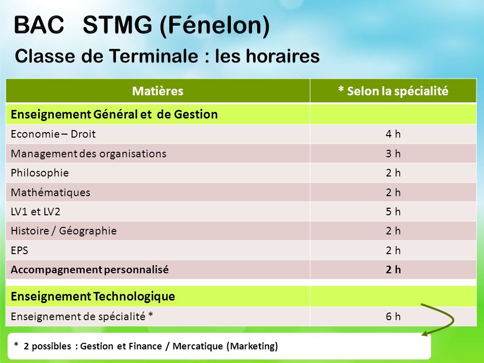 BAC STMG (Fénelon) Classe de Terminale : les horaires Matières