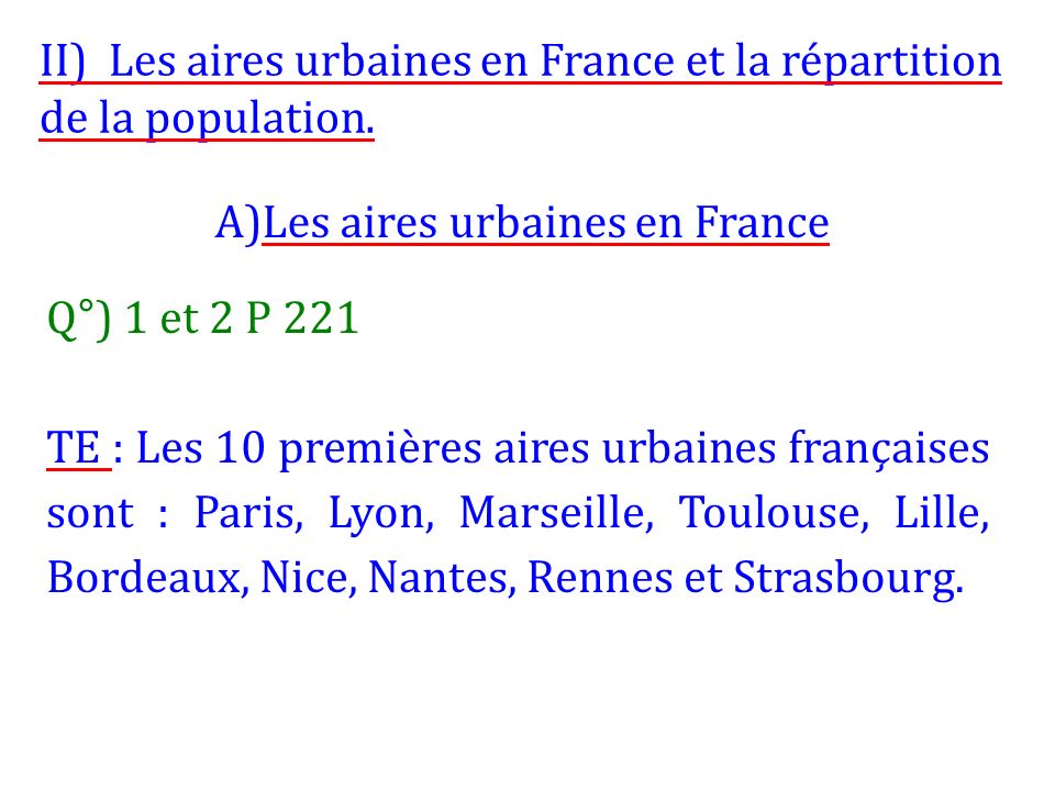 II) Les aires urbaines en France et la répartition de la population.