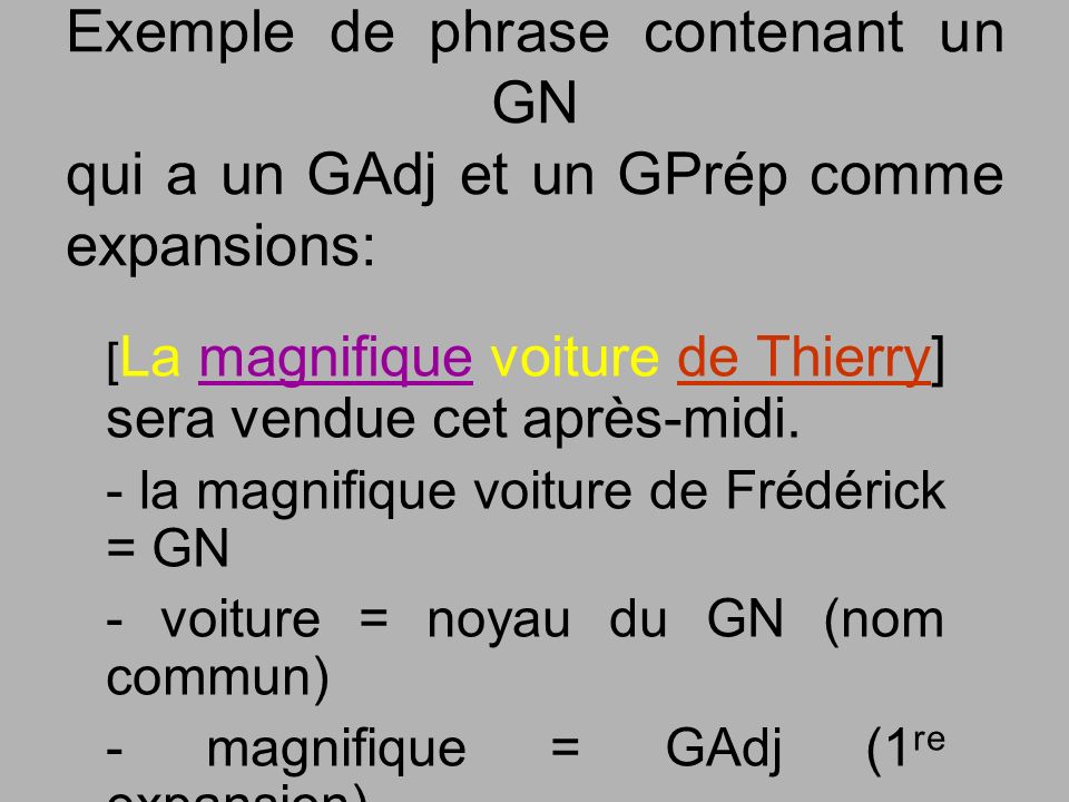 Exemple de phrase contenant un GN qui a un GAdj et un GPrép comme expansions: