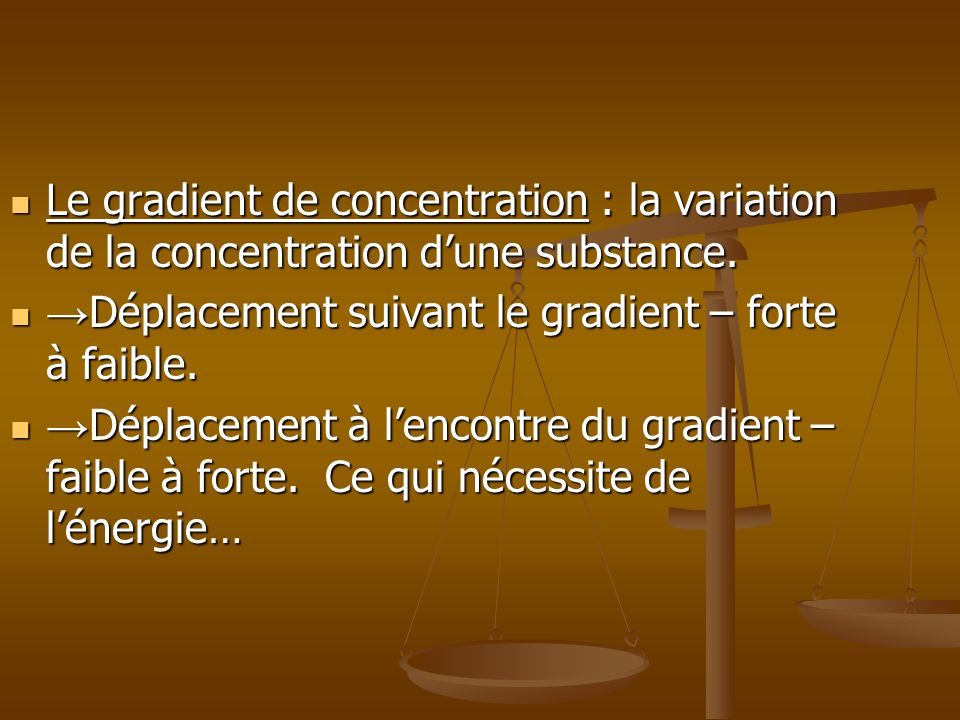 Le gradient de concentration : la variation de la concentration d’une substance.