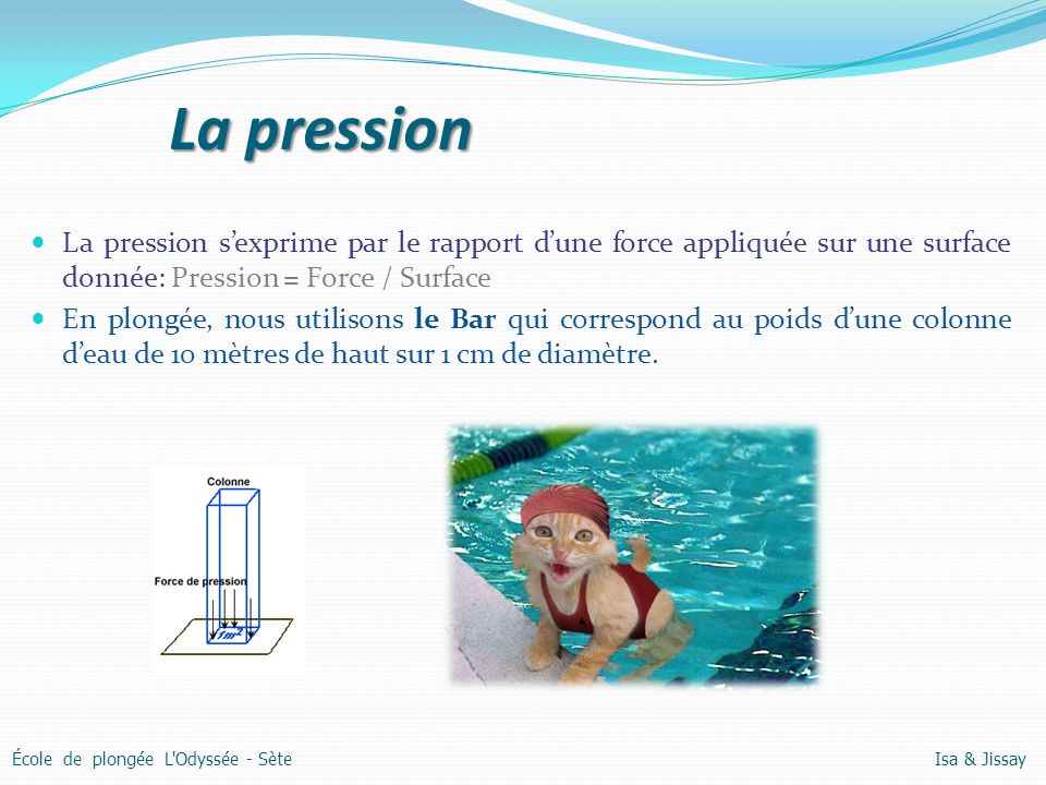 La pression La pression s’exprime par le rapport d’une force appliquée sur une surface donnée: Pression = Force / Surface.