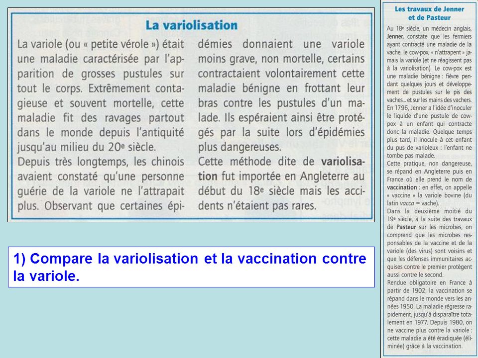 1) Compare la variolisation et la vaccination contre la variole.