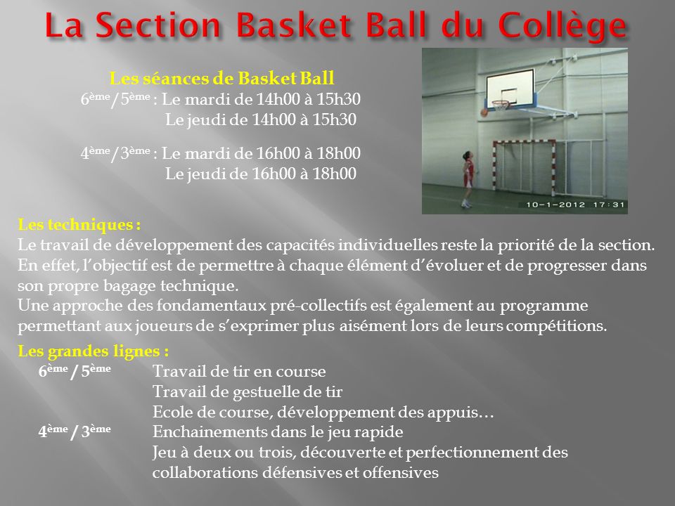 La Section Basket Ball du Collège
