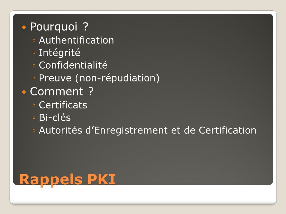 Rappels PKI Pourquoi Comment Authentification Intégrité