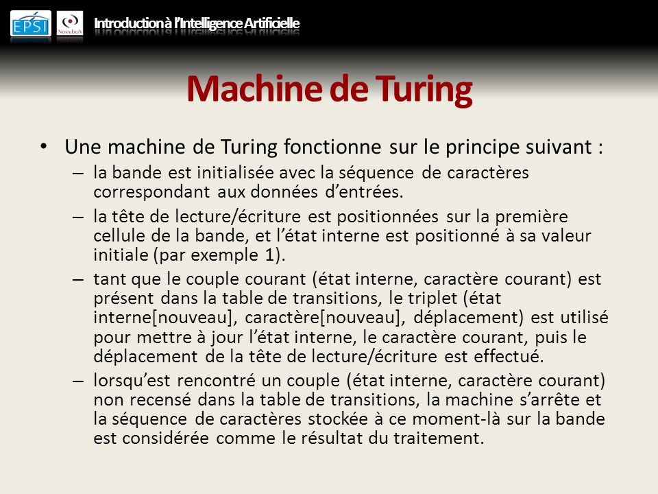 Machine de Turing Une machine de Turing fonctionne sur le principe suivant :
