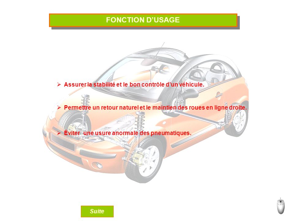 FONCTION D’USAGE Assurer la stabilité et le bon contrôle d’un véhicule. Permettre un retour naturel et le maintien des roues en ligne droite.