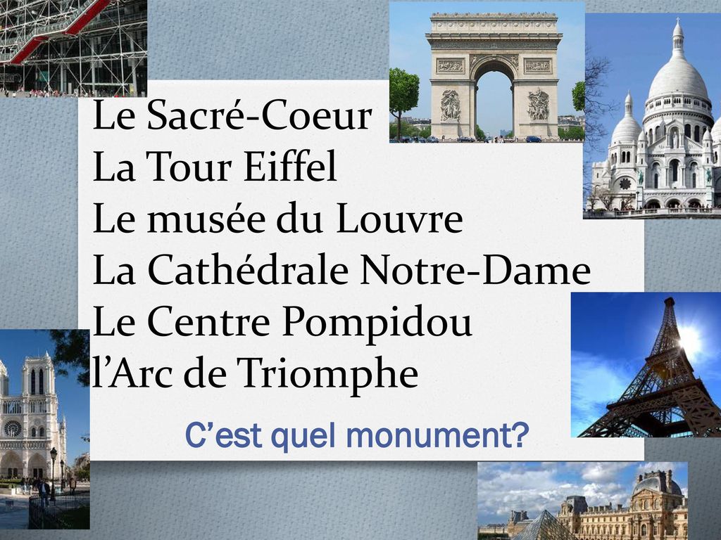 Le Sacré-Coeur La Tour Eiffel Le musée du Louvre La Cathédrale Notre-Dame Le Centre Pompidou l’Arc de Triomphe