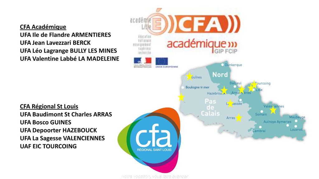 CFA Académique UFA Ile de Flandre ARMENTIERES. UFA Jean Lavezzari BERCK. UFA Léo Lagrange BULLY LES MINES.