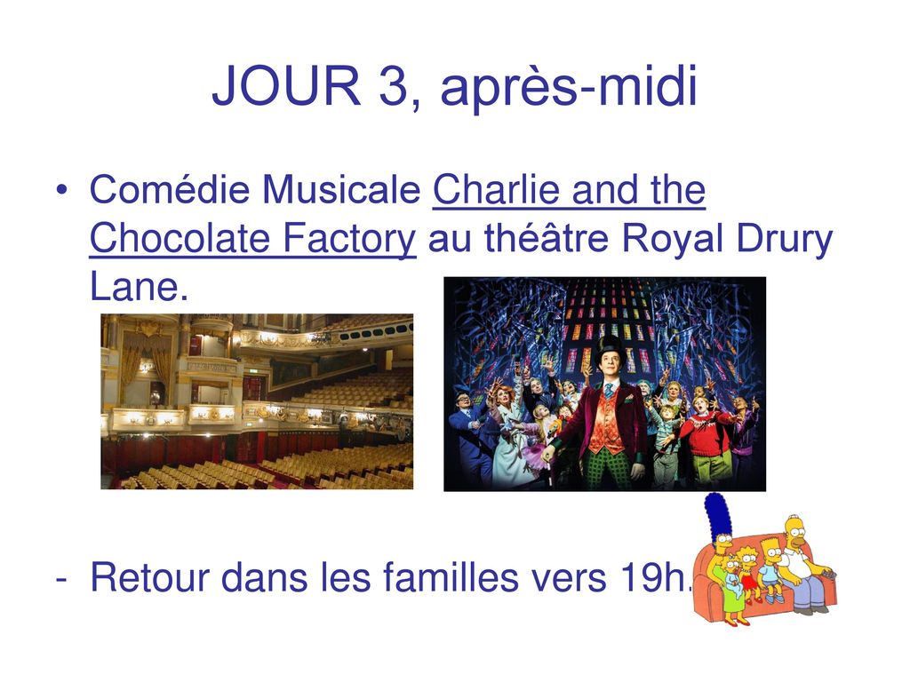 JOUR 3, après-midi Comédie Musicale Charlie and the Chocolate Factory au théâtre Royal Drury Lane.