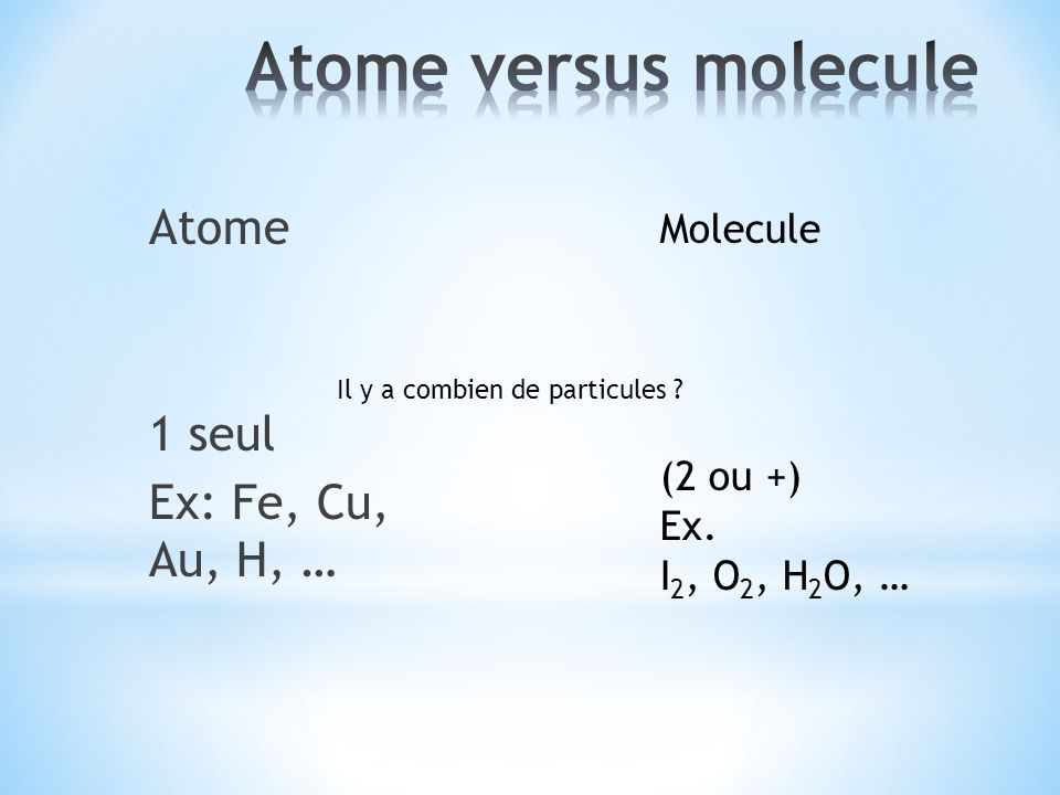 Atome versus molecule Atome 1 seul Ex: Fe, Cu, Au, H, … Molecule