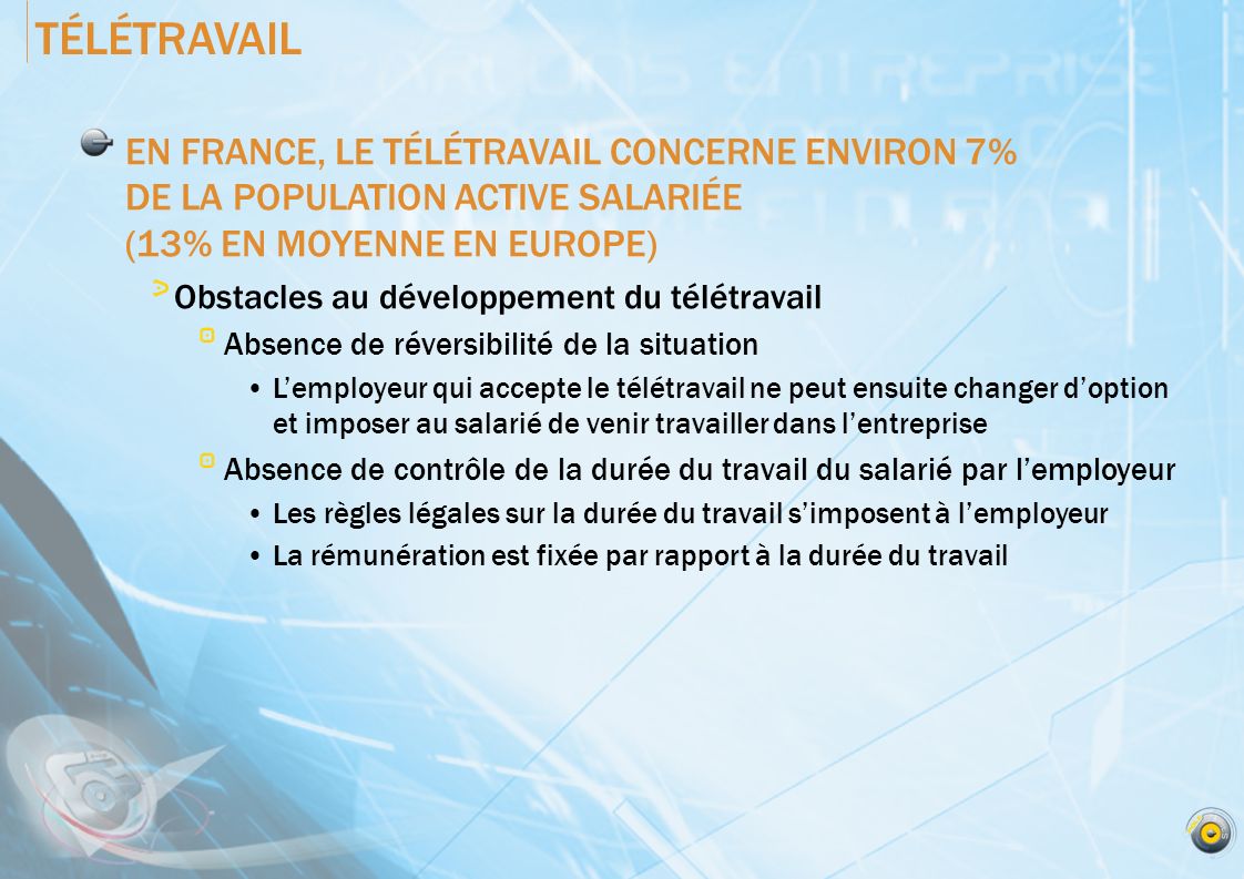 TÉLÉTRAVAIL EN FRANCE, LE TÉLÉTRAVAIL CONCERNE ENVIRON 7% DE LA POPULATION ACTIVE SALARIÉE (13% EN MOYENNE EN EUROPE)