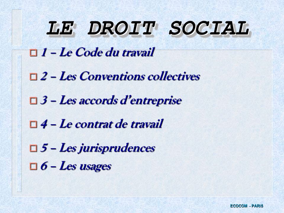 LE DROIT SOCIAL 1 – Le Code du travail 2 – Les Conventions collectives
