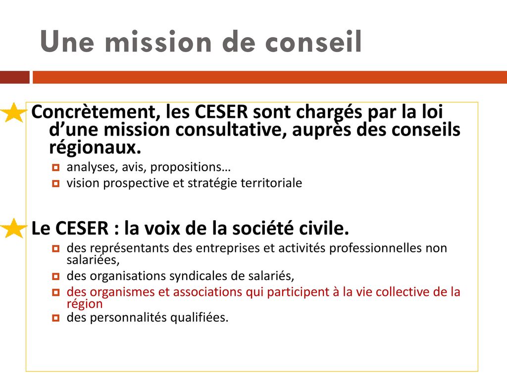 Une mission de conseil Concrètement, les CESER sont chargés par la loi d’une mission consultative, auprès des conseils régionaux.