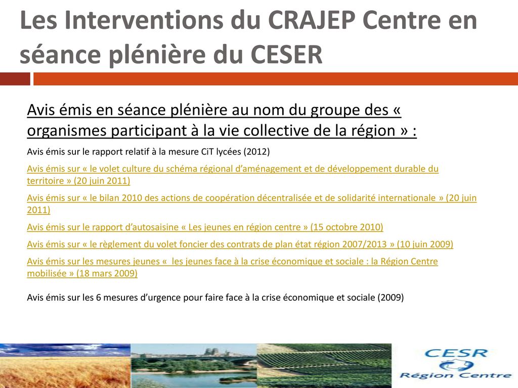 Les Interventions du CRAJEP Centre en séance plénière du CESER