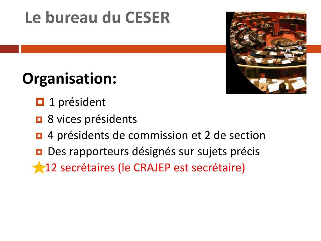Le bureau du CESER Organisation: 1 président 8 vices présidents