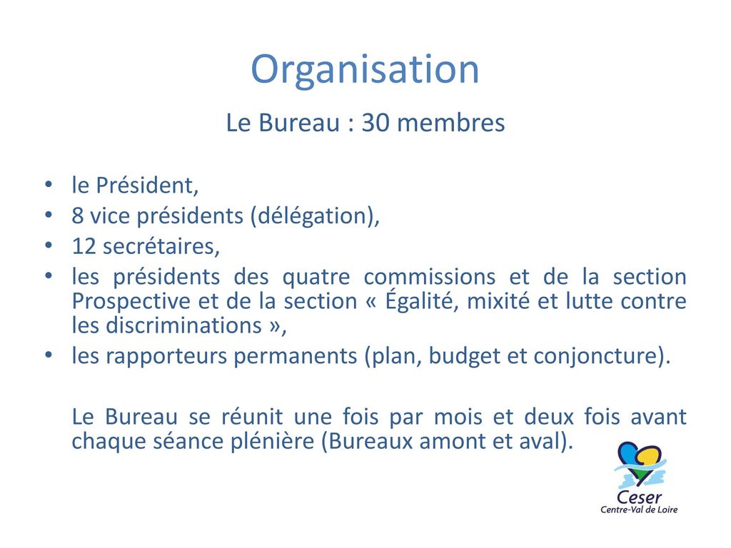 Organisation Le Bureau : 30 membres le Président,