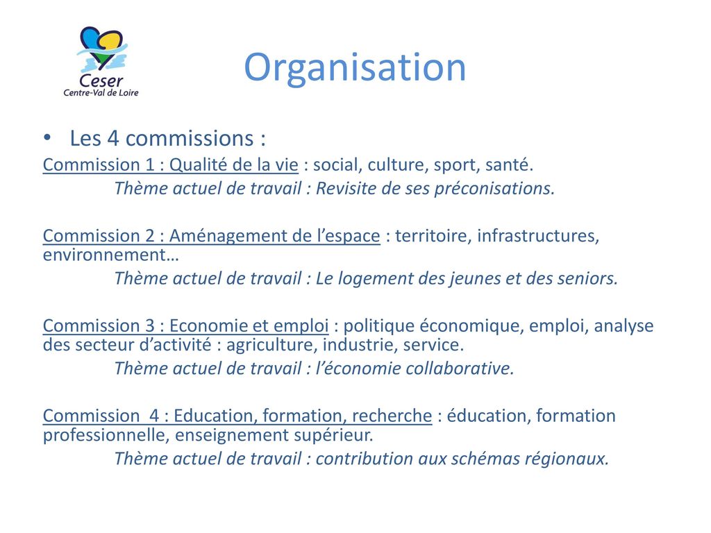 Organisation Les 4 commissions :