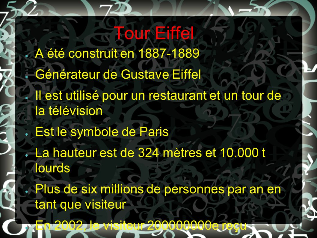 Tour Eiffel A été construit en Générateur de Gustave Eiffel