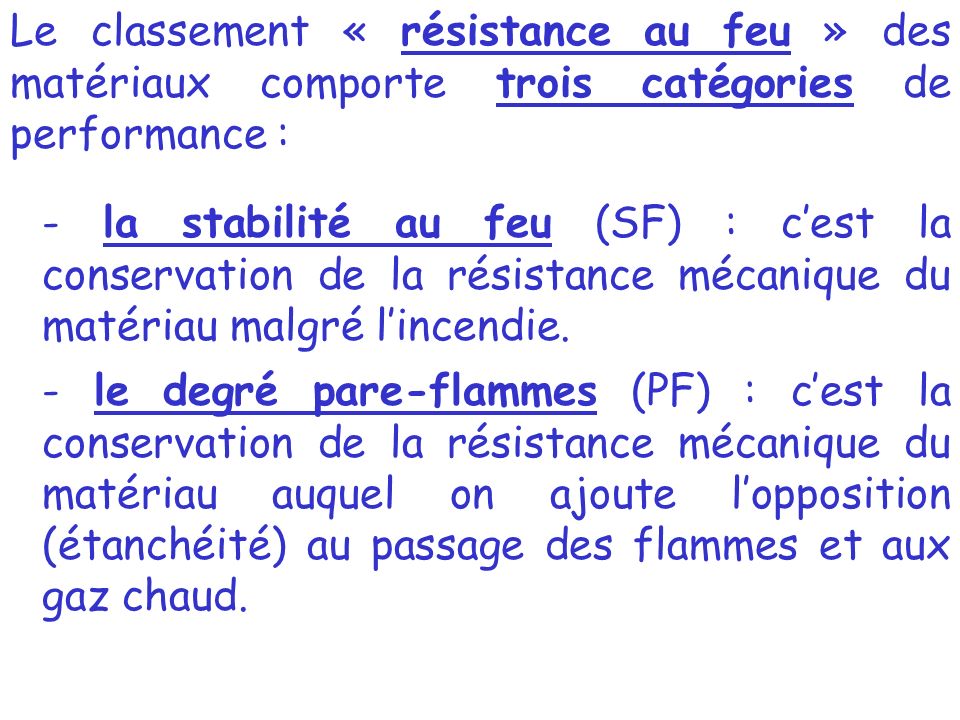 Le classement « résistance au feu » des matériaux comporte trois catégories de performance :