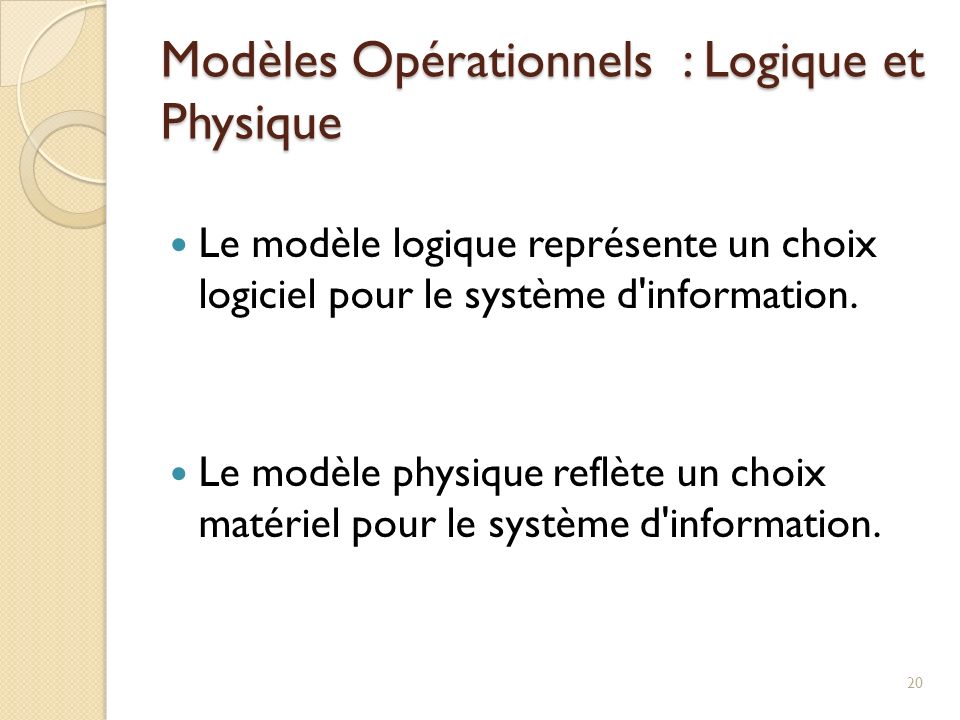Modèles Opérationnels : Logique et Physique