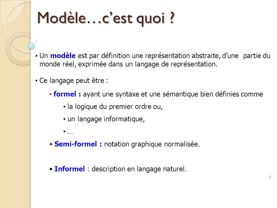 Modèle…c’est quoi Un modèle est par définition une représentation abstraite, d’une partie du.