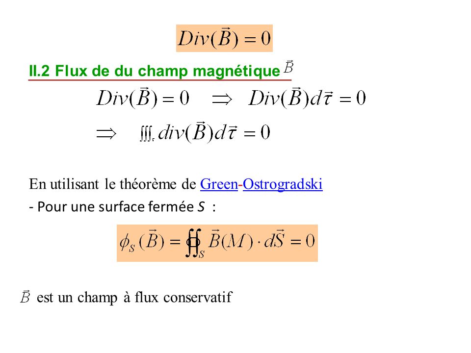 II.2 Flux de du champ magnétique En utilisant le théorème de Green-Ostrogradski - Pour une surface fermée S : est un champ à flux conservatif
