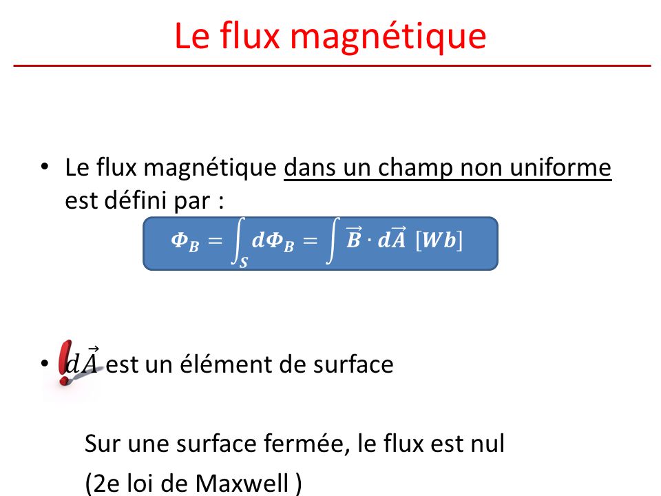 Le flux magnétique Le flux magnétique dans un champ non uniforme est défini par : 𝑑 𝐴 est un élément de surface.