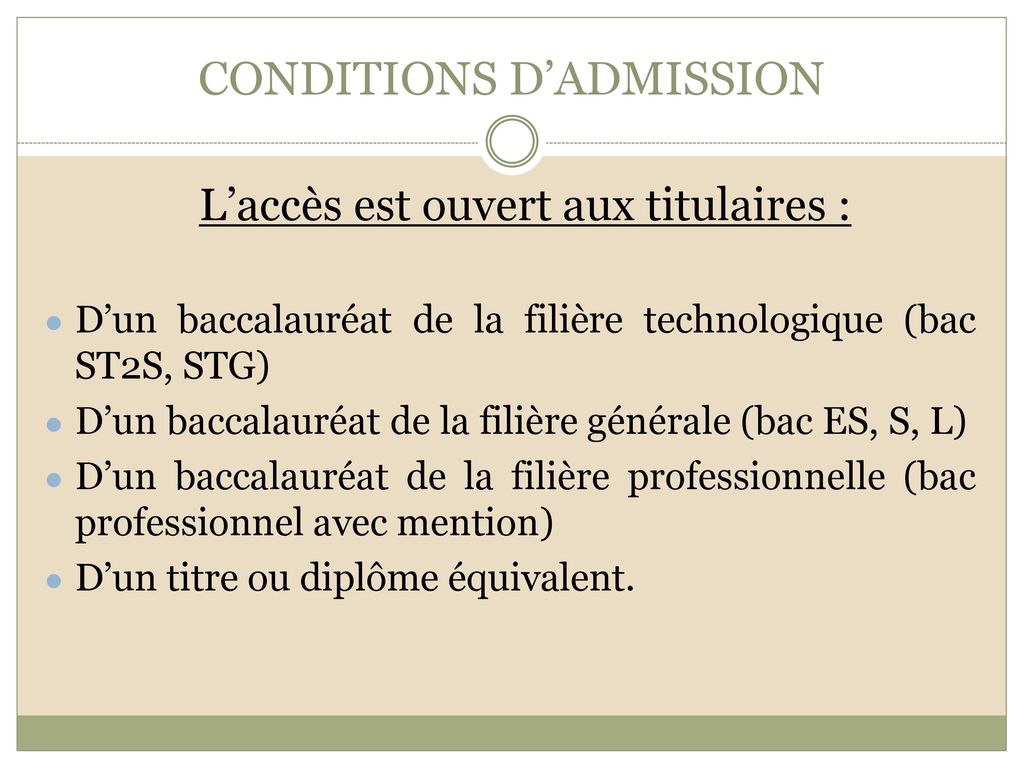 CONDITIONS D’ADMISSION