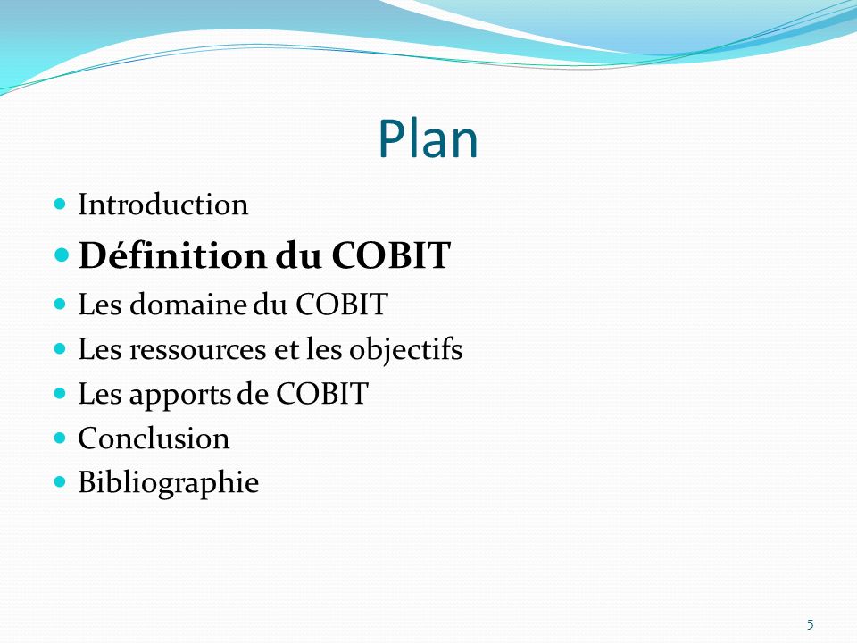 Plan Définition du COBIT Introduction Les domaine du COBIT