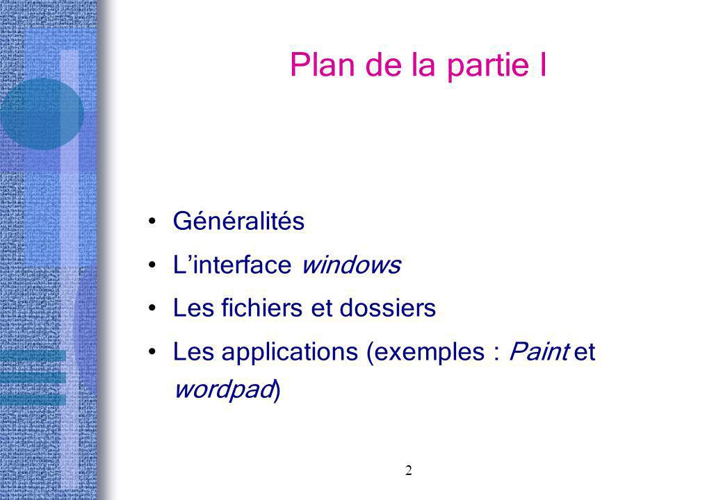 Plan de la partie I Généralités L’interface windows