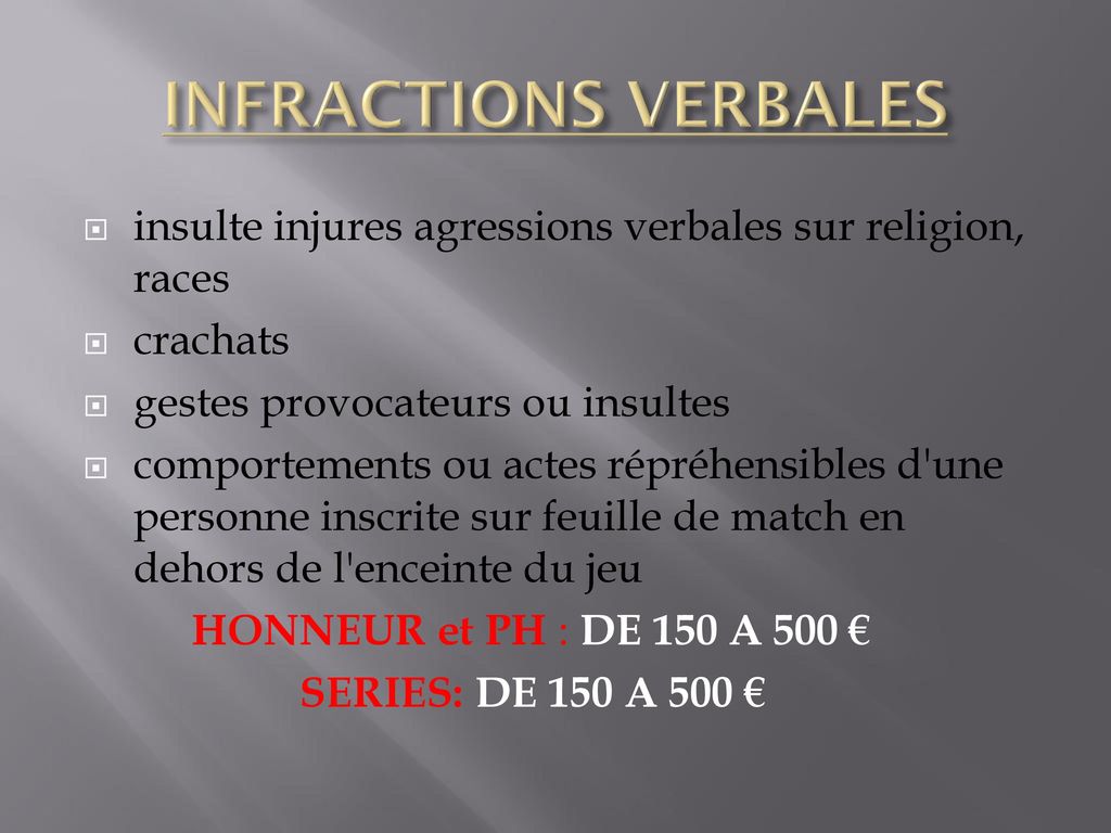 INFRACTIONS VERBALES insulte injures agressions verbales sur religion, races. crachats. gestes provocateurs ou insultes.
