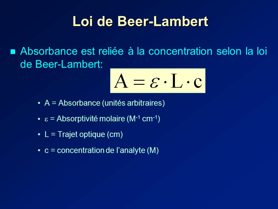 Loi de Beer-Lambert Absorbance est reliée à la concentration selon la loi de Beer-Lambert: A = Absorbance (unités arbitraires)