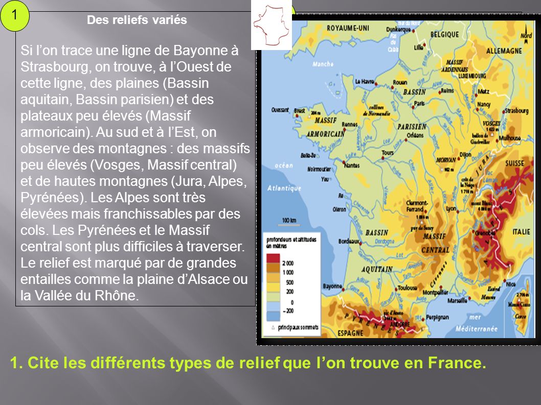 1. Cite les différents types de relief que l’on trouve en France.