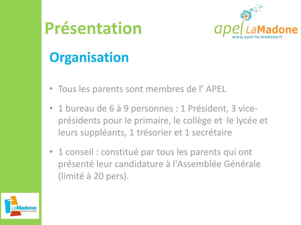 Présentation Organisation Tous les parents sont membres de l’ APEL