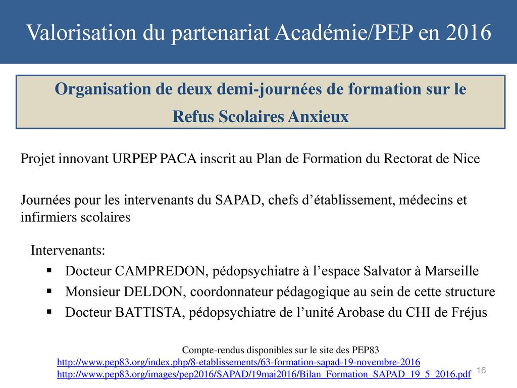 Valorisation du partenariat Académie/PEP en 2016