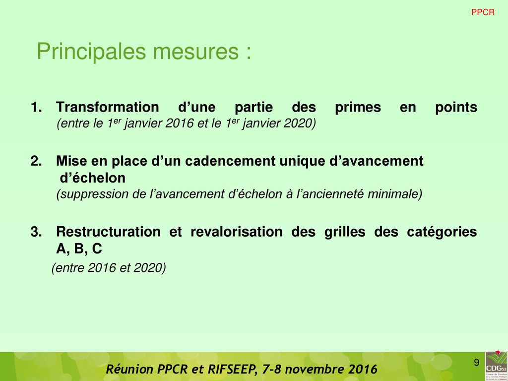 PPCR Principales mesures : Transformation d’une partie des primes en points (entre le 1er janvier 2016 et le 1er janvier 2020)