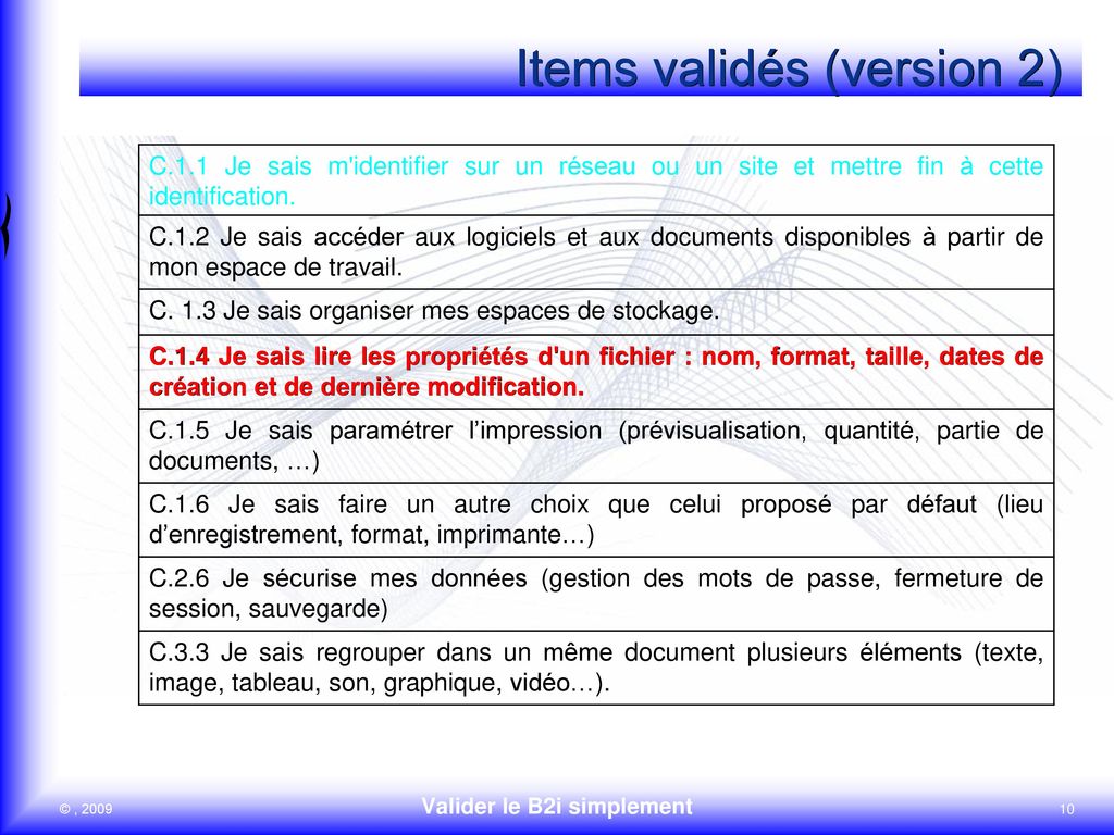 Items validés (version 2)
