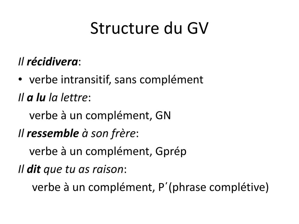 Structure du GV Il récidivera: verbe intransitif, sans complément