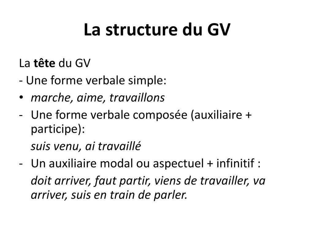 La structure du GV La tête du GV - Une forme verbale simple: